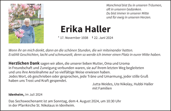 Traueranzeige von Erika Haller von trierischer_volksfreund