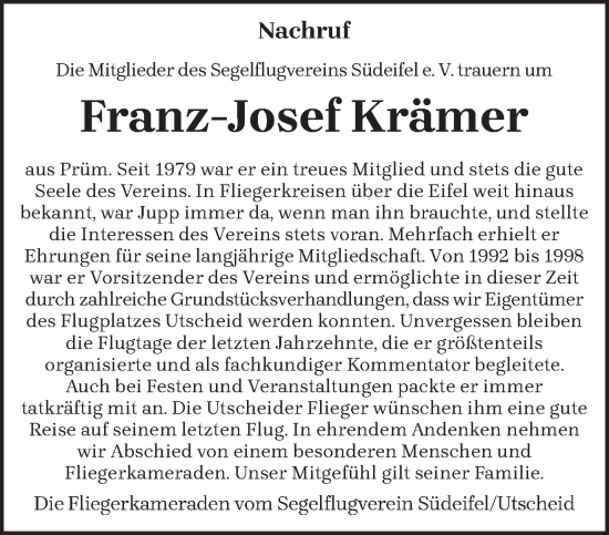 Traueranzeige von Franz-Josef Krämer von trierischer_volksfreund