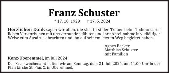 Traueranzeige von Franz Schuster von trierischer_volksfreund