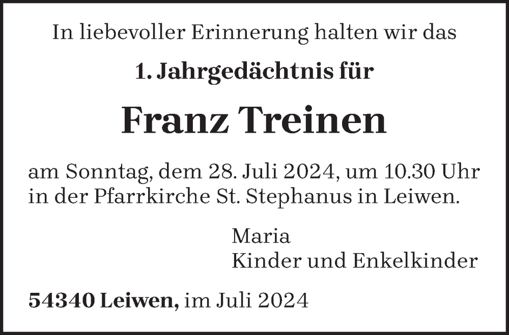  Traueranzeige für Franz Treinen vom 25.07.2024 aus trierischer_volksfreund