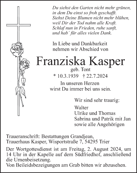 Traueranzeige von Franziska Kasper von trierischer_volksfreund