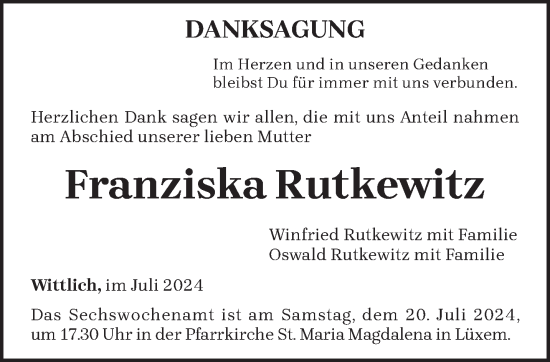 Traueranzeige von Franziska Rutkewitz von trierischer_volksfreund