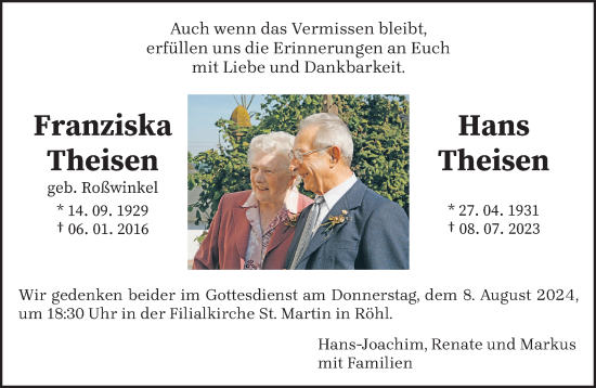 Traueranzeige von Franziska und Hans Theisen von trierischer_volksfreund