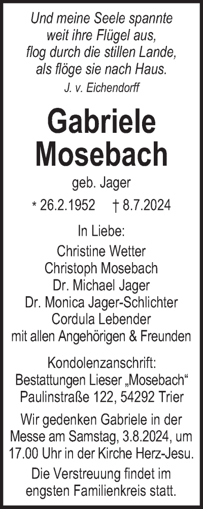 Traueranzeige von Gabriele Mosebach von trierischer_volksfreund