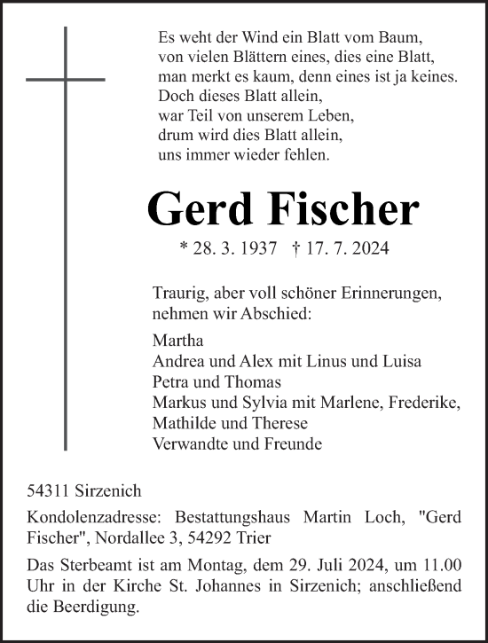 Traueranzeige von Gerd Fischer von trierischer_volksfreund