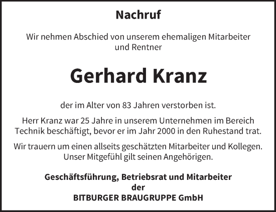Traueranzeige von Gerhard Kranz von trierischer_volksfreund