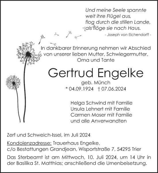 Traueranzeige von Gertrud Engelke von trierischer_volksfreund