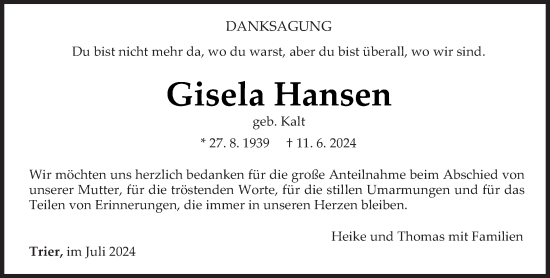 Traueranzeige von Gisela Hansen von trierischer_volksfreund