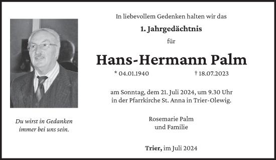 Traueranzeige von Hans-Hermann Palm von trierischer_volksfreund