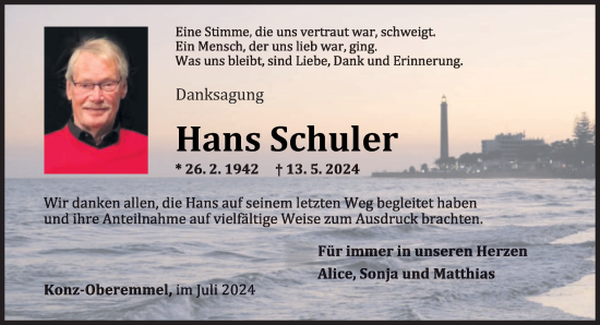 Traueranzeige von Hans Schuler von trierischer_volksfreund