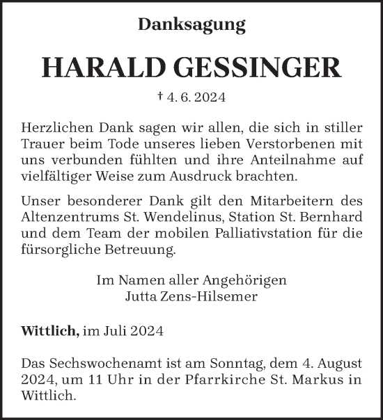 Traueranzeige von Haral Gessinger von trierischer_volksfreund