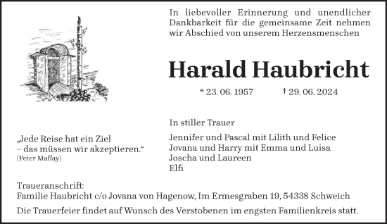 Traueranzeige von Harald Haubricht von trierischer_volksfreund