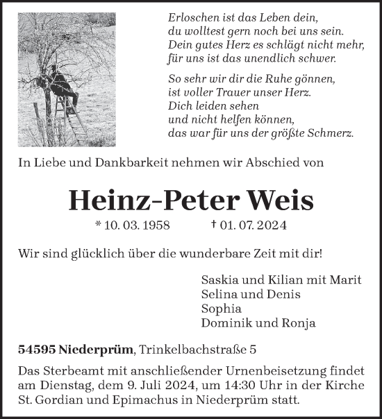 Traueranzeige von Heinz-Peter Weis von trierischer_volksfreund