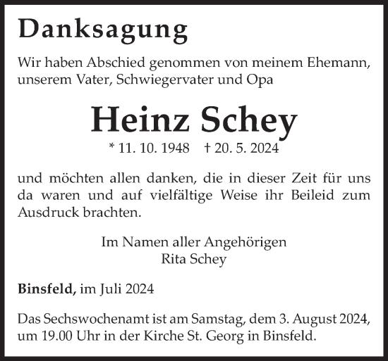 Traueranzeige von Heinz Schey von trierischer_volksfreund