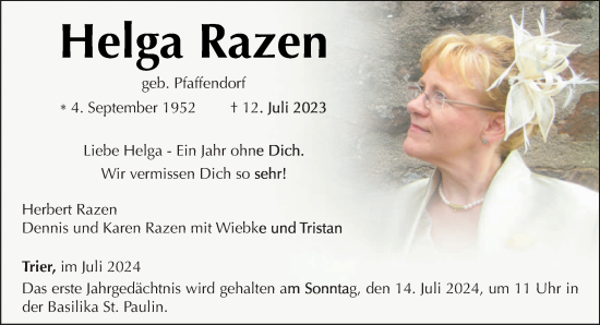 Traueranzeige von Helga Razen von trierischer_volksfreund