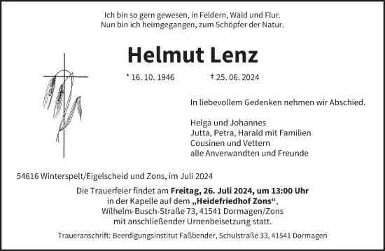 Traueranzeige von Helmut Lenz von trierischer_volksfreund