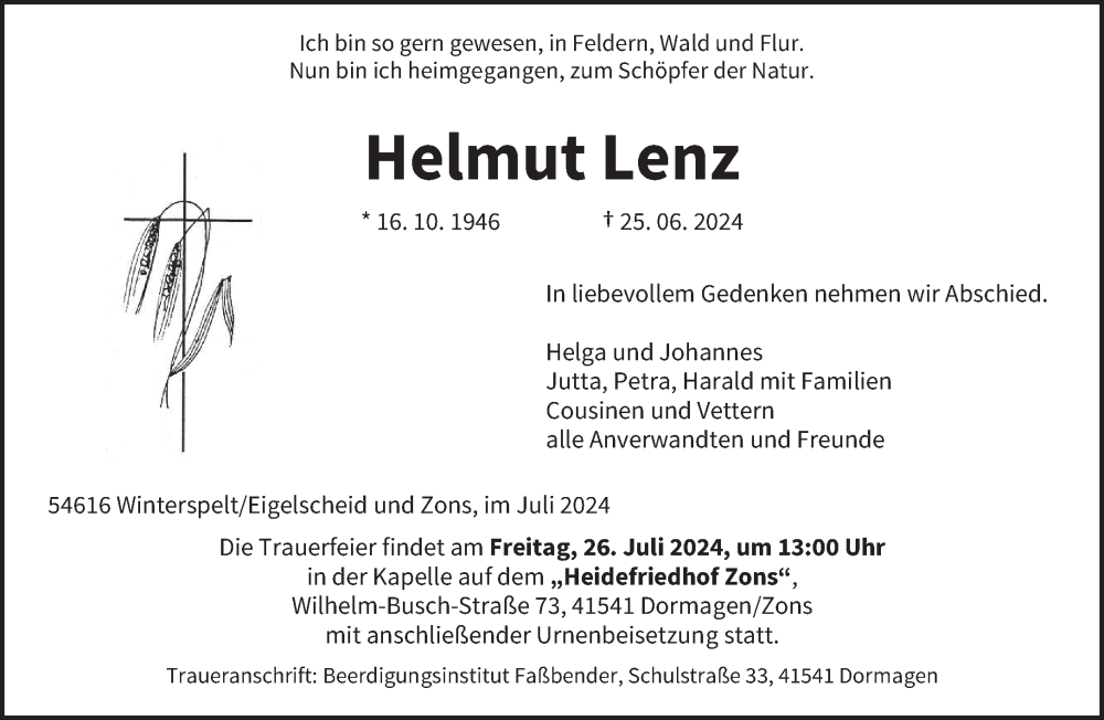  Traueranzeige für Helmut Lenz vom 10.07.2024 aus trierischer_volksfreund
