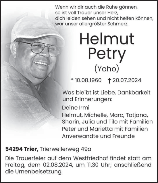 Traueranzeige von Helmut Petry von trierischer_volksfreund