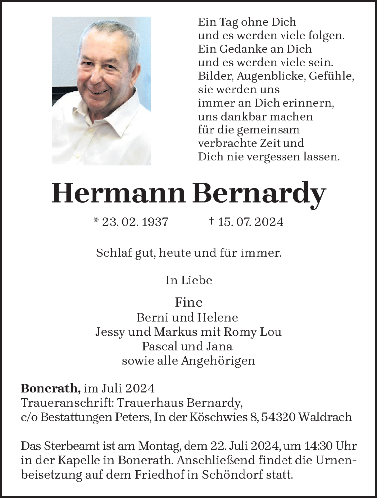  Traueranzeige für Hermann Bernardy vom 18.07.2024 aus trierischer_volksfreund