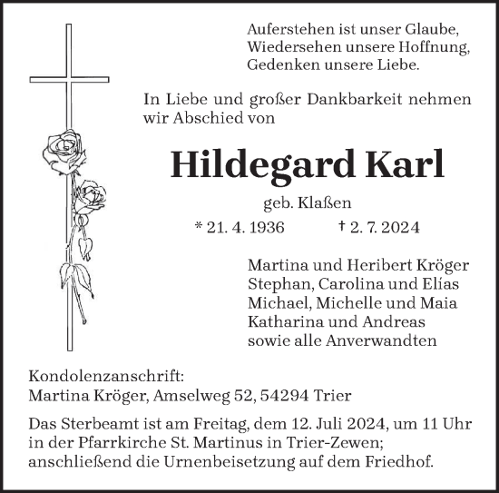 Traueranzeige von Hildegard Karl von trierischer_volksfreund