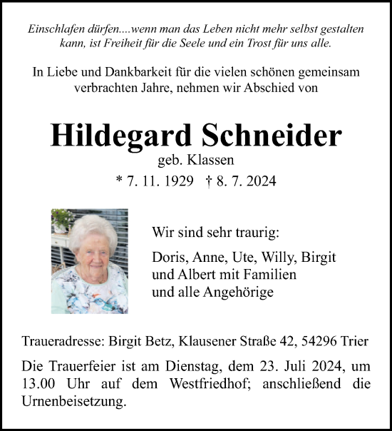 Traueranzeige von Hildegard Schneider von trierischer_volksfreund