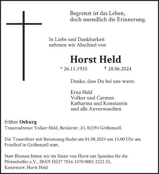 Traueranzeige von Horst Held von trierischer_volksfreund