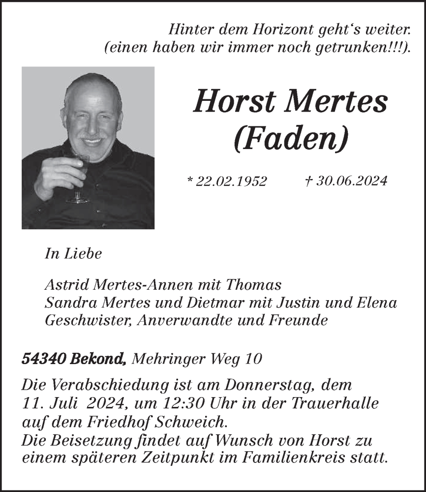  Traueranzeige für Horst Mertes vom 06.07.2024 aus trierischer_volksfreund