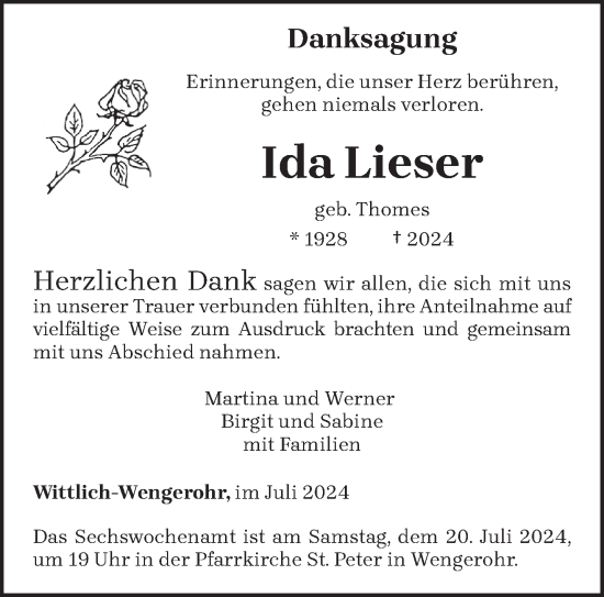 Traueranzeige von Ida Lieser von trierischer_volksfreund