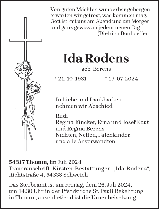 Traueranzeige von Ida Rodens von trierischer_volksfreund