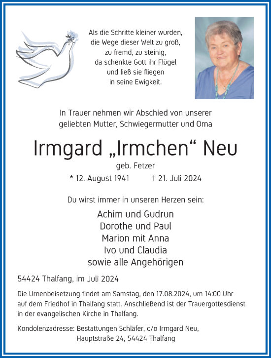 Traueranzeige von Irmgard Neu von trierischer_volksfreund