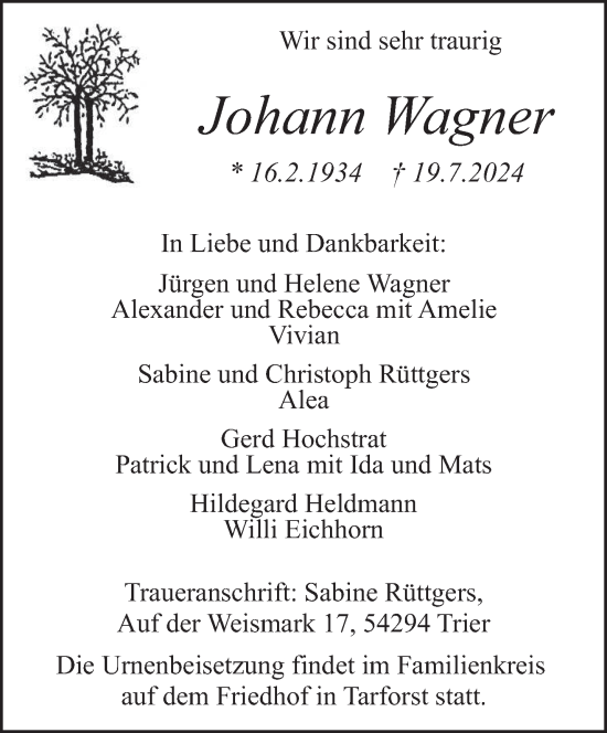 Traueranzeige von Johann Wagner von trierischer_volksfreund