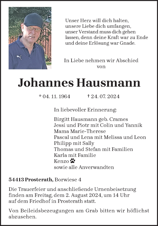 Traueranzeige von Johannes Hausmann von trierischer_volksfreund