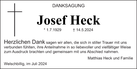 Traueranzeige von Josef Heck von trierischer_volksfreund