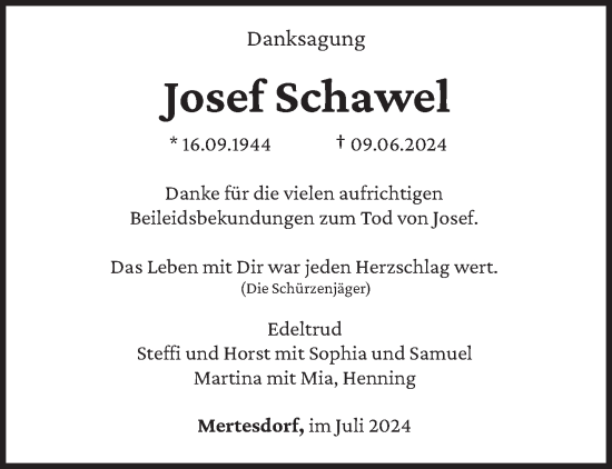 Traueranzeige von Josef Schawel von trierischer_volksfreund