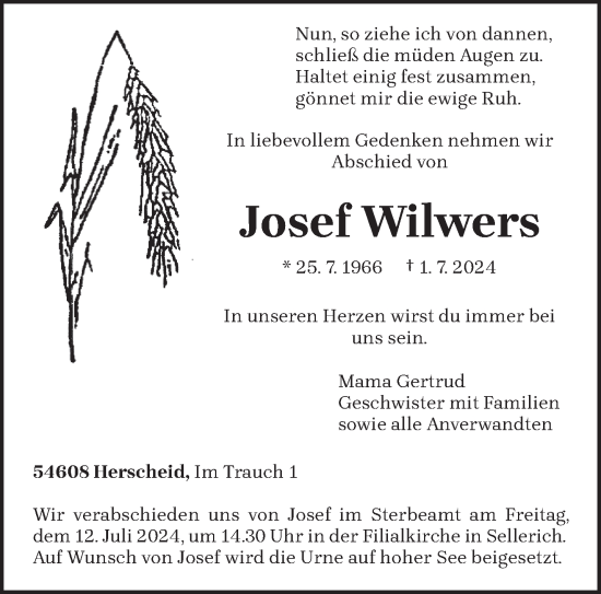 Traueranzeige von Josef Wilwers von trierischer_volksfreund
