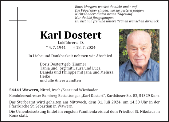 Traueranzeige von Karl Dostert von trierischer_volksfreund