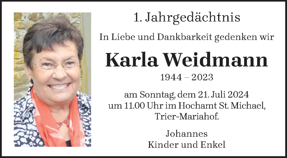  Traueranzeige für Karla Weidmann vom 13.07.2024 aus trierischer_volksfreund