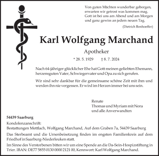 Traueranzeige von Karl Wolfgang Marchand von trierischer_volksfreund
