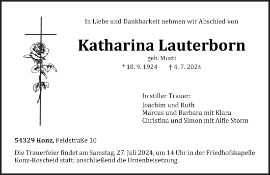 Traueranzeige von Katharina Lauterborn von trierischer_volksfreund