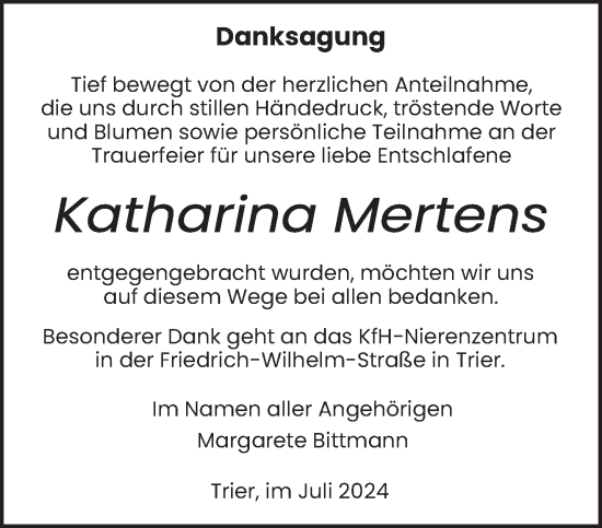 Traueranzeige von Katharina Mertens von trierischer_volksfreund