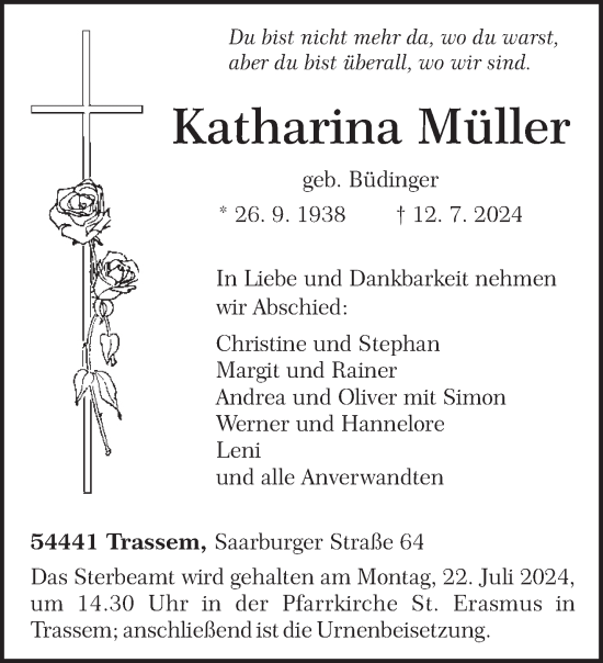 Traueranzeige von Katharina Müller von trierischer_volksfreund