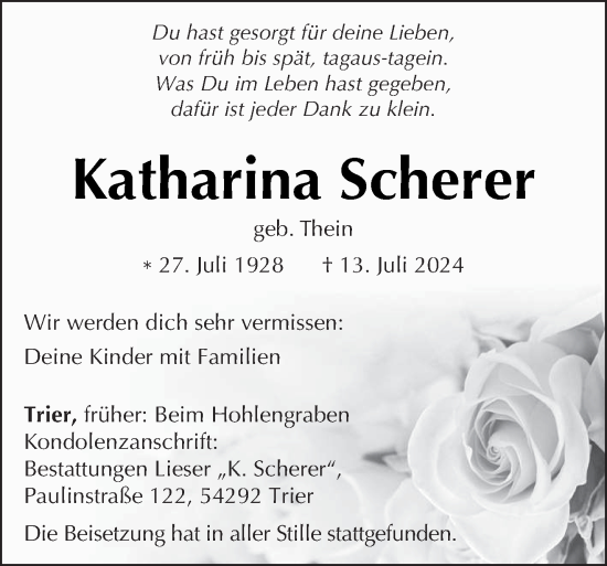 Traueranzeige von Katharina Scherer von trierischer_volksfreund