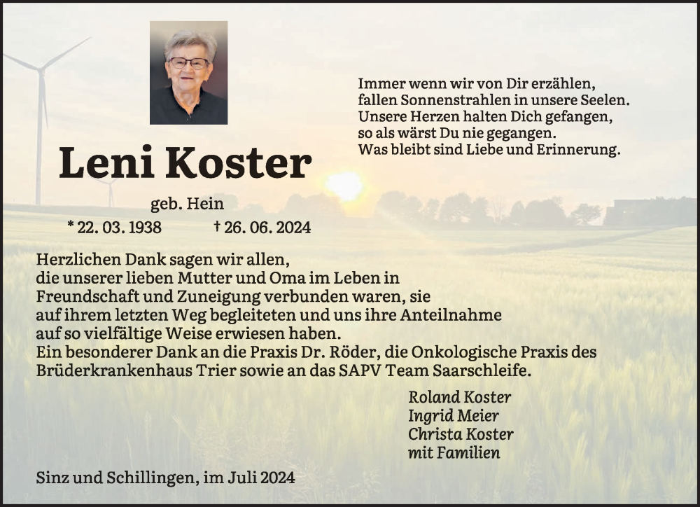  Traueranzeige für Leni Koster vom 27.07.2024 aus trierischer_volksfreund