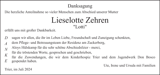 Traueranzeige von Lieselotte Zehren von trierischer_volksfreund