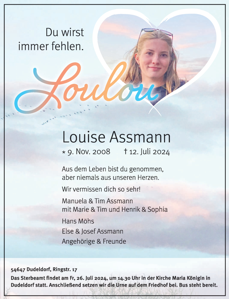  Traueranzeige für Louise Assmann vom 20.07.2024 aus trierischer_volksfreund