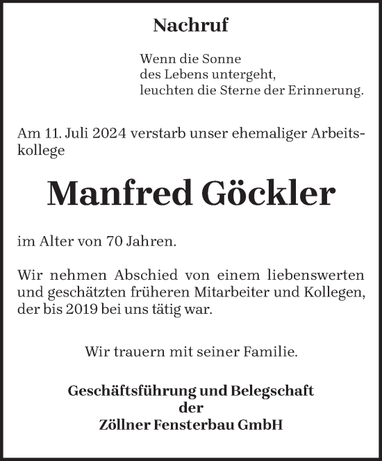 Traueranzeige von Manfred Göckler von trierischer_volksfreund