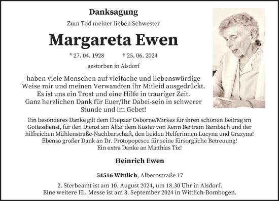 Traueranzeige von Margareta Ewen von trierischer_volksfreund