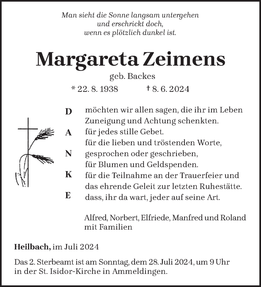  Traueranzeige für Margareta Zeimens vom 20.07.2024 aus trierischer_volksfreund