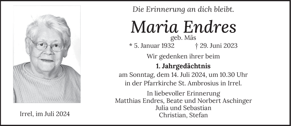  Traueranzeige für Maria Endres vom 10.07.2024 aus trierischer_volksfreund