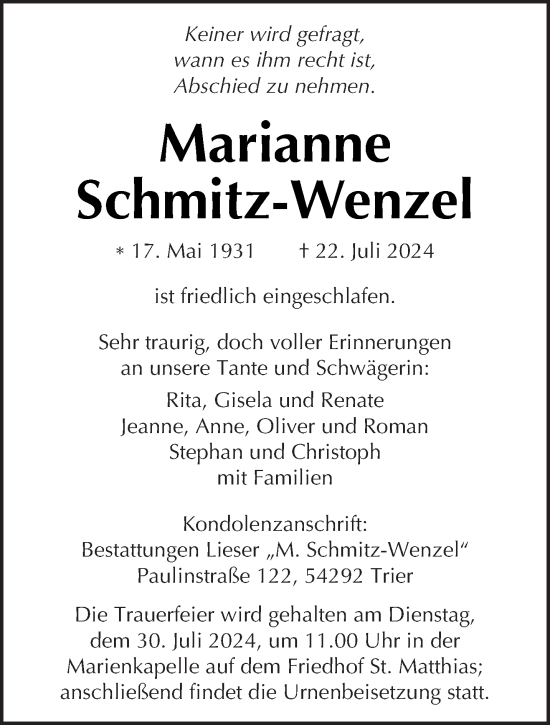 Traueranzeige von Marianne Schmitz-Wenzel von trierischer_volksfreund